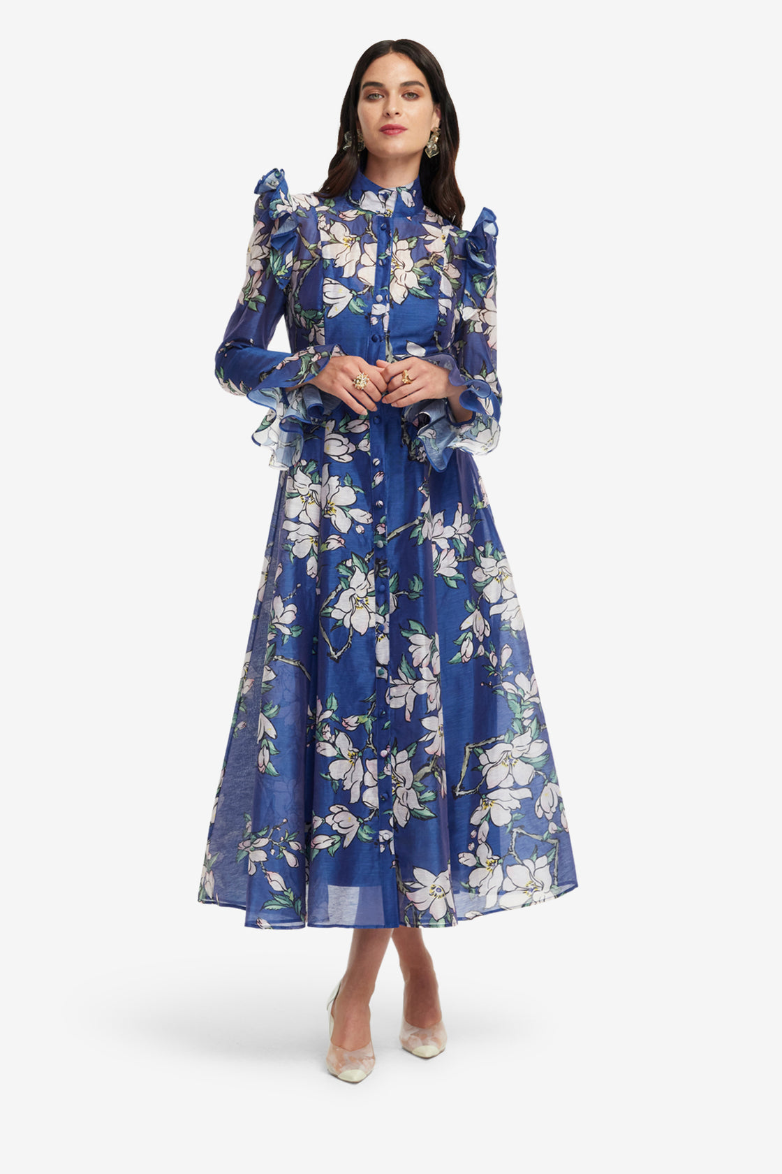 Katrina Butterfly Sleeve Midi Dress - Midnight Magnolia Print Katrina Butterfly Sleeve Midi Dress - Midnight Magnolia Print