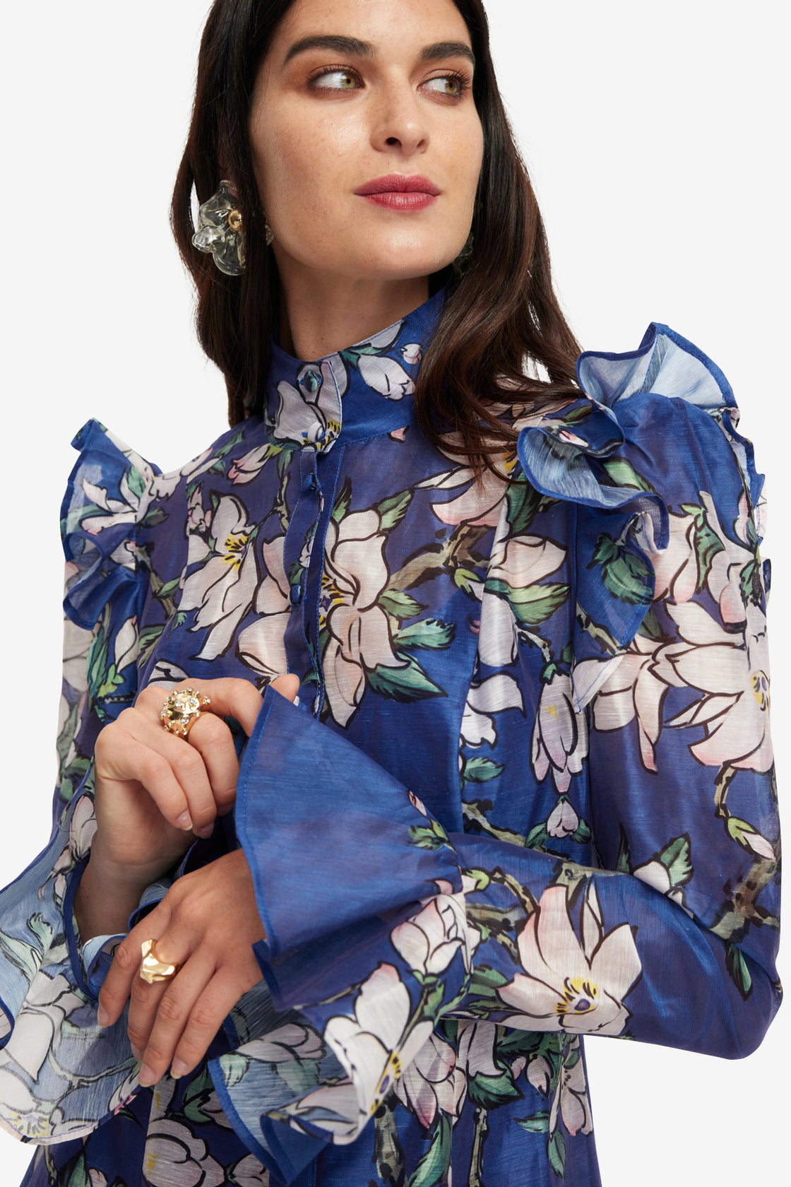 Katrina Butterfly Sleeve Midi Dress - Midnight Magnolia Print Katrina Butterfly Sleeve Midi Dress - Midnight Magnolia Print