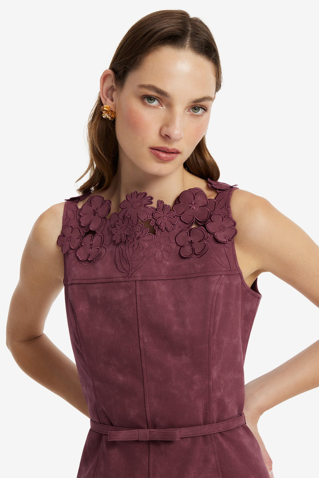 Cleo Applique Vegan Suede Midi Dress - Mahogany Dress Midi