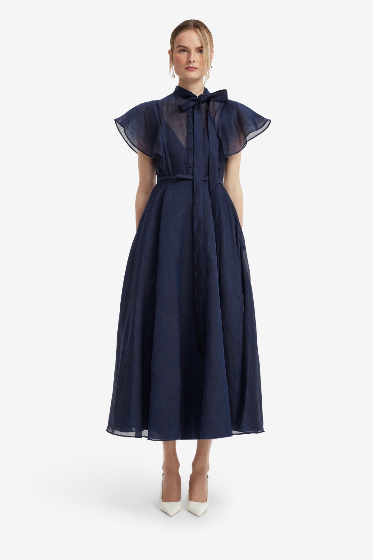 R*い様 misha&puff ラッフルドレス　Ruffle Sleeve Dr Elsie Flutter Sleeve Midi Dress - Midnight – LEO LIN