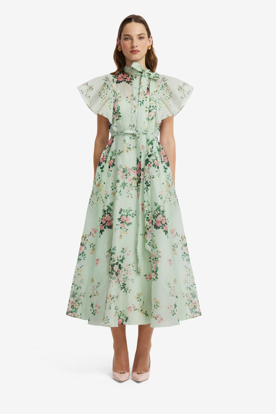 Elsie Flutter Sleeve Midi Dress - Posy Print in Mint Dress Midi