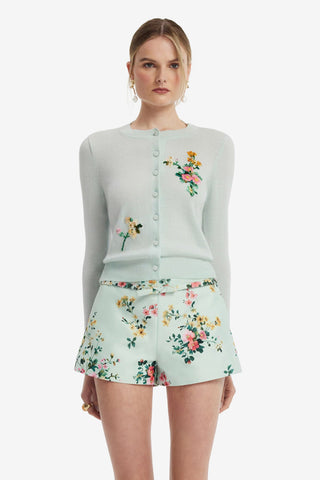 Claire Embellished Knit Cardigan - Posy Print in Mint Tops