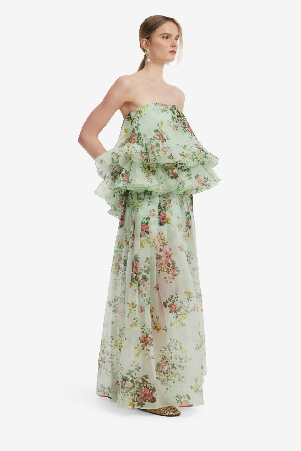 Gia Bustier Ruffled Top - Posy Print in Mint Tops