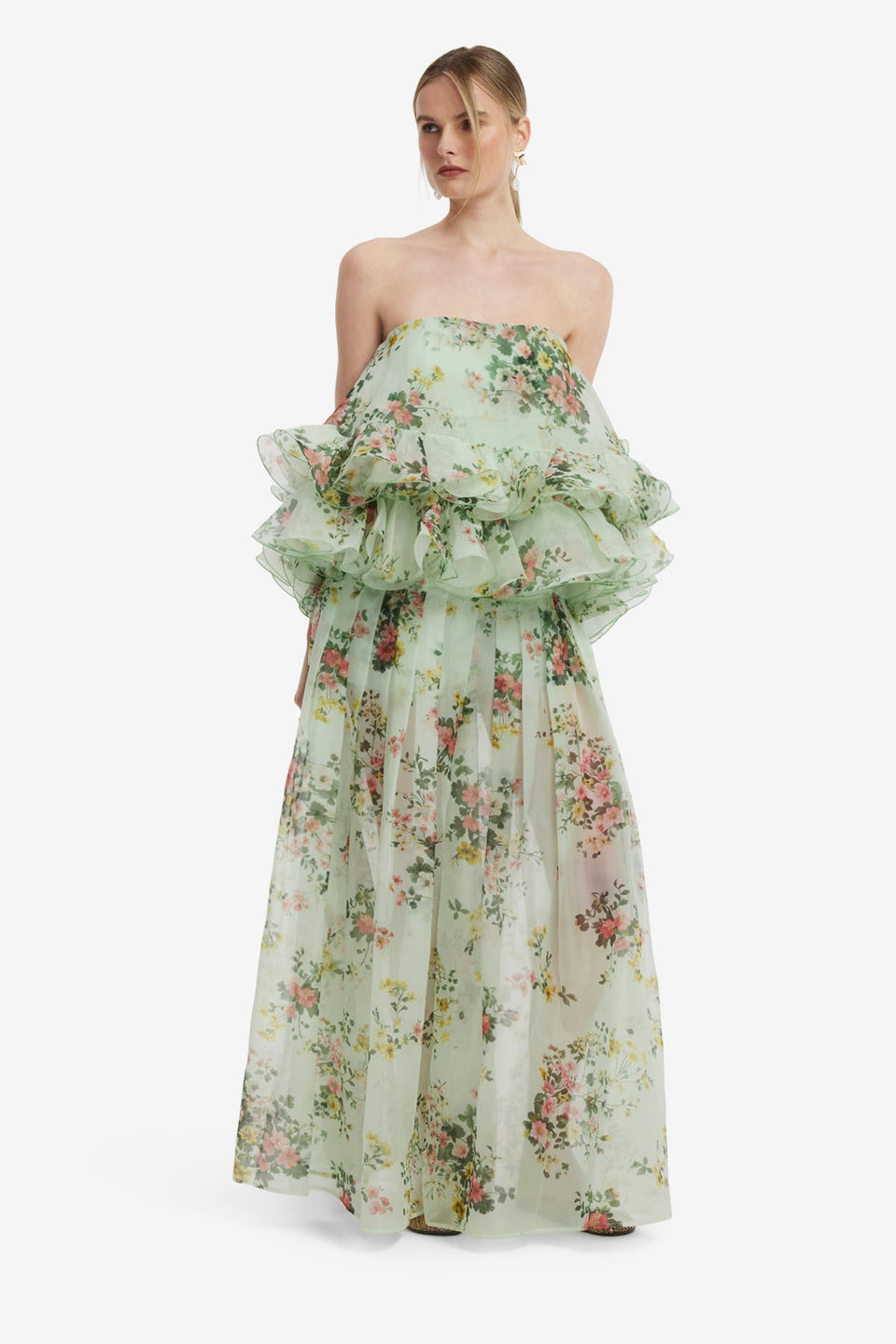 Gia Bustier Ruffled Top - Posy Print in Mint Tops