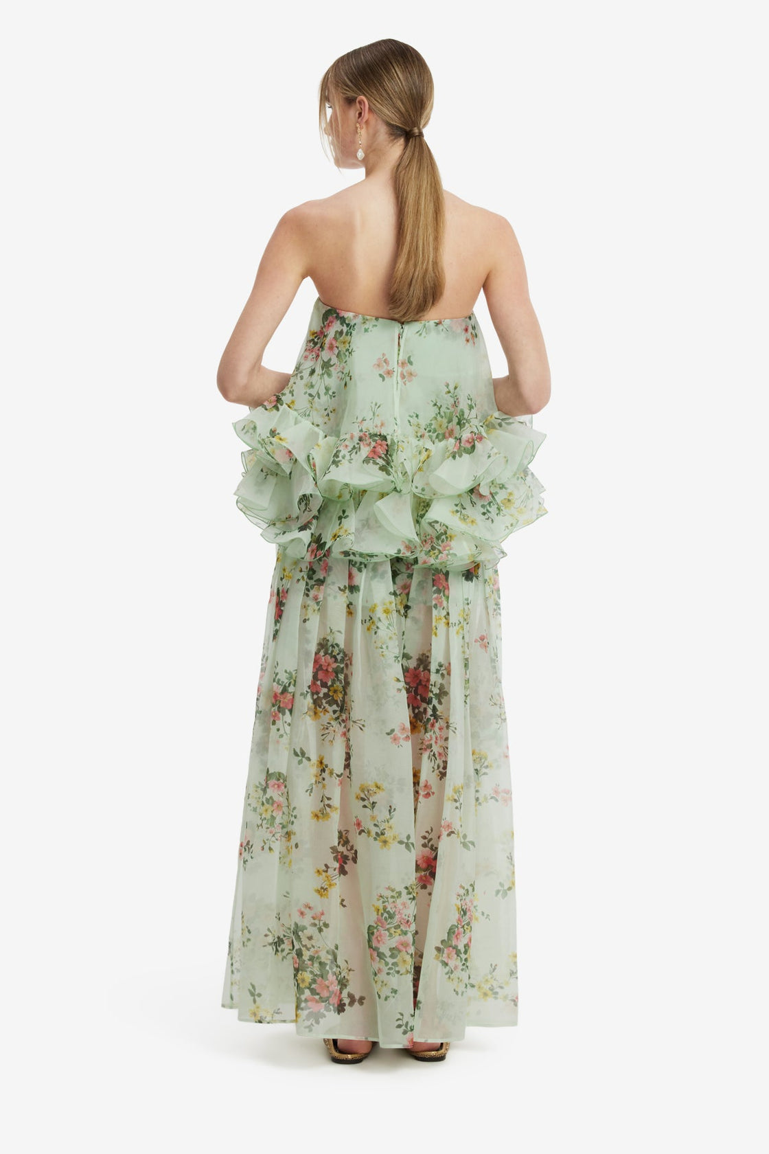 Gia Bustier Ruffled Top - Posy Print in Mint Tops
