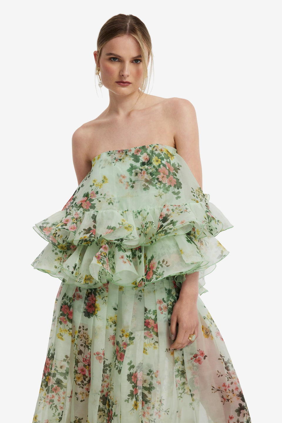 Gia Bustier Ruffled Top - Posy Print in Mint Tops