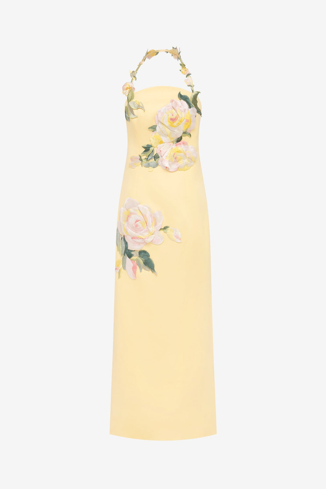Ava Halterneck Applique Floral Bustier Maxi Dress - Rose Print in Butter Dress Maxi