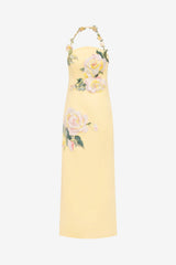 Ava Halterneck Applique Floral Bustier Maxi Dress - Rose Print in Butter Dress Maxi