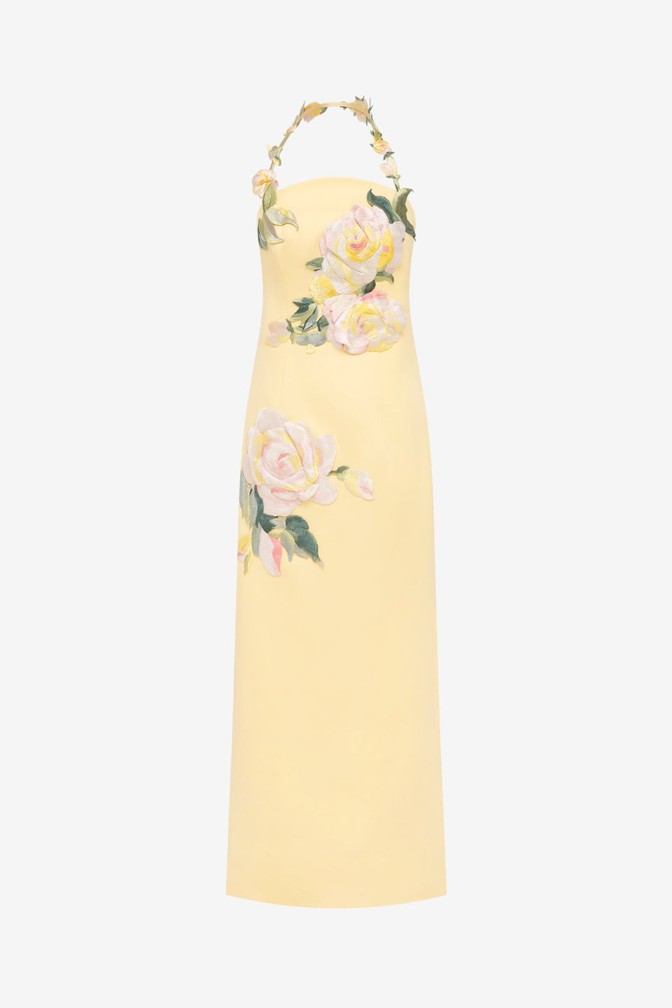 Ava Halterneck Applique Floral Bustier Maxi Dress - Rose Print in Butter Dress Maxi
