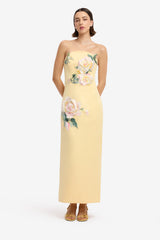 Ava Halterneck Applique Floral Bustier Maxi Dress - Rose Print in Butter Dress Maxi