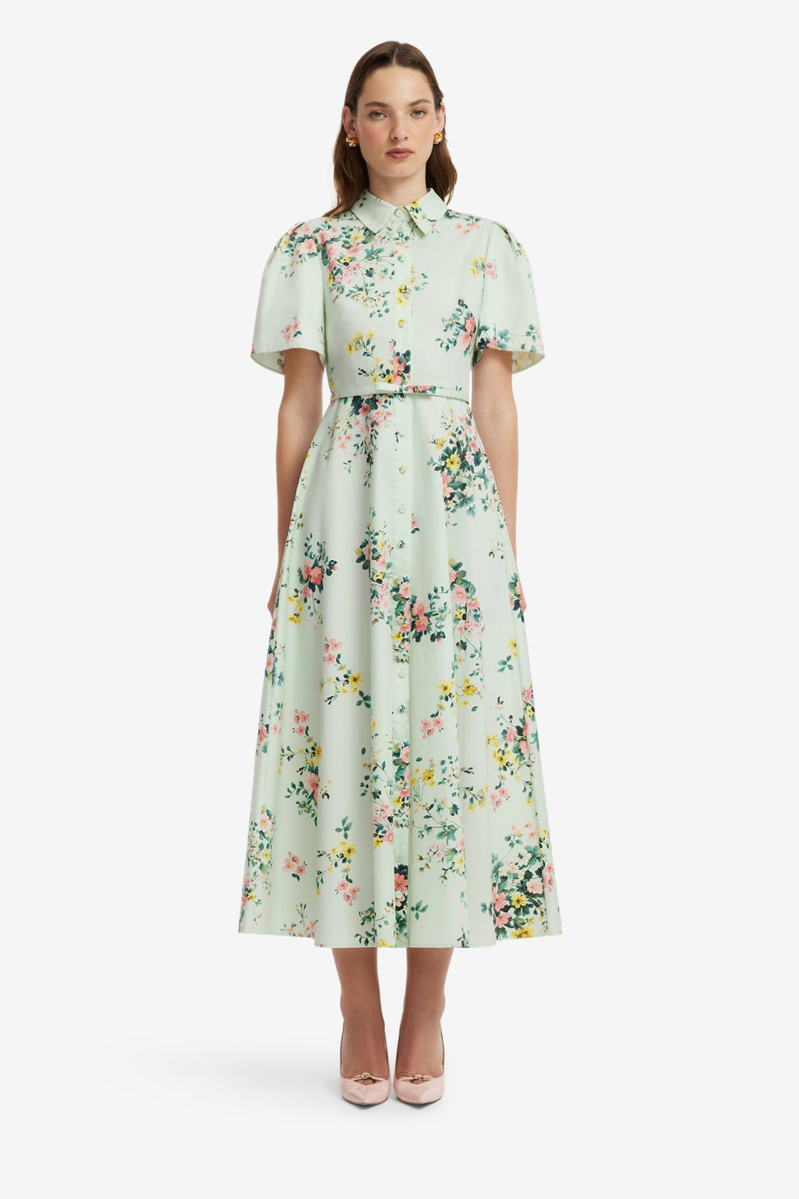 Bianca Short Sleeve Midi Dress - Posy Print in Mint Dress Midi