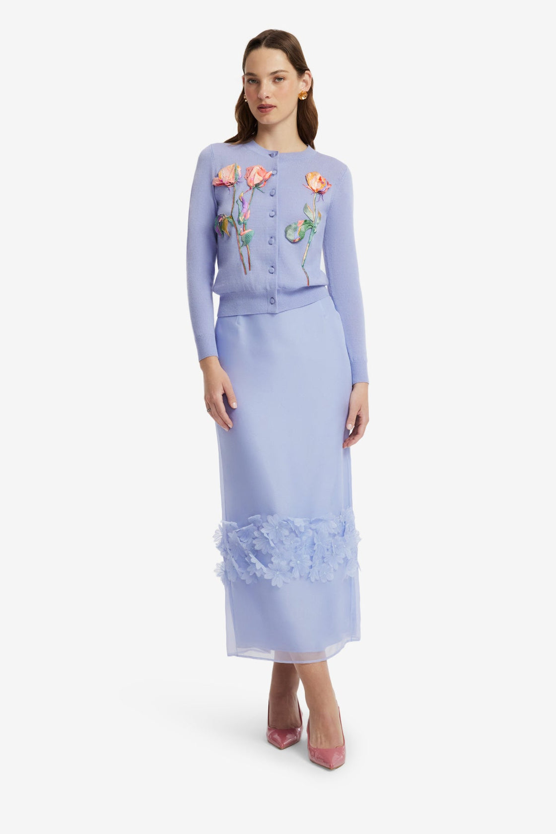 Claire Embroidered Knit Cardigan - Rose in Periwinkle Tops