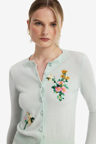Claire Embellished Knit Cardigan - Posy Print in Mint Tops