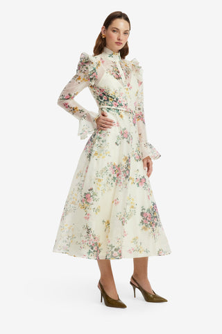 Katrina Butterfly Sleeve Midi Dress - Posy Print in Snow Dress Midi