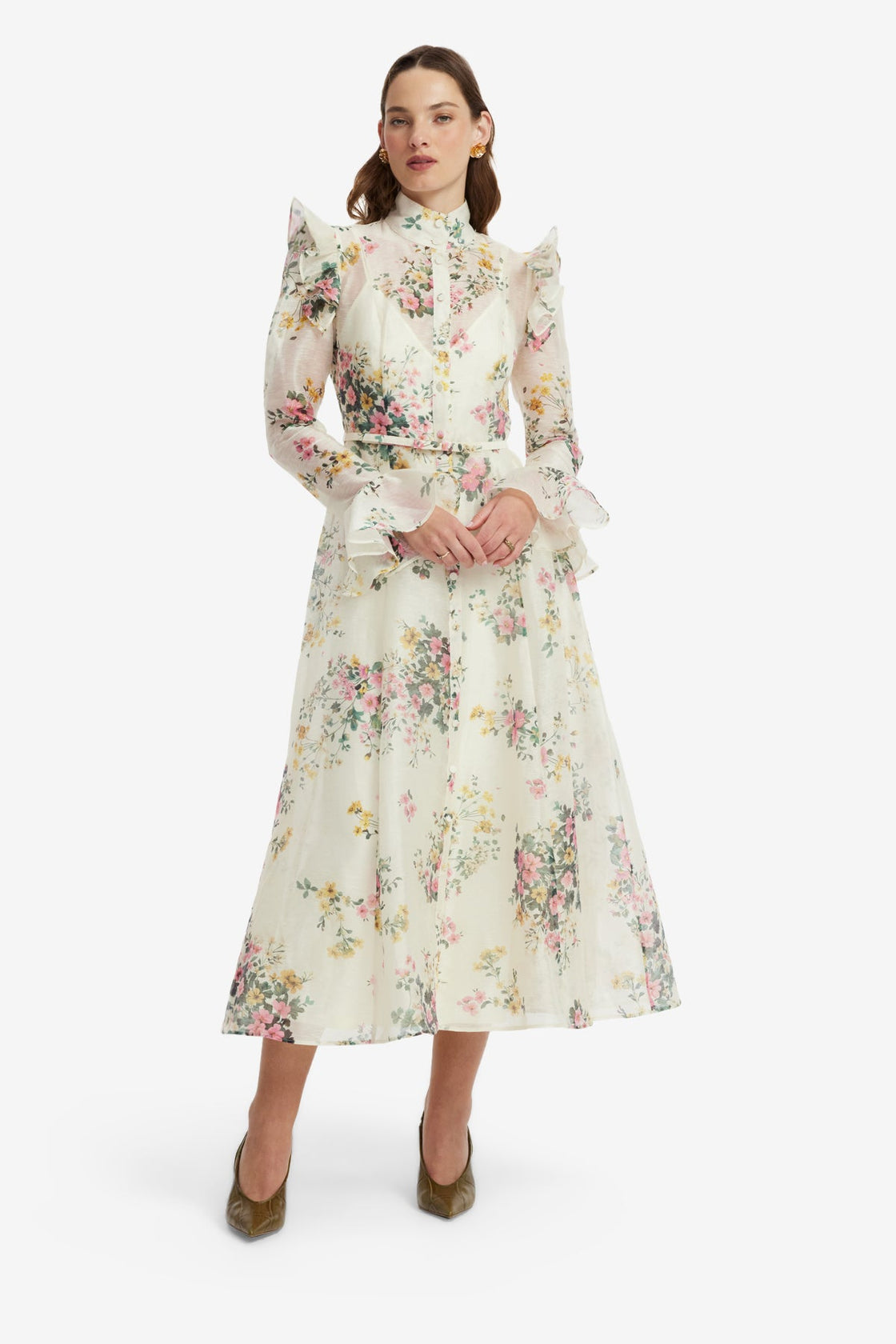 Katrina Butterfly Sleeve Midi Dress - Posy Print in Snow Dress Midi