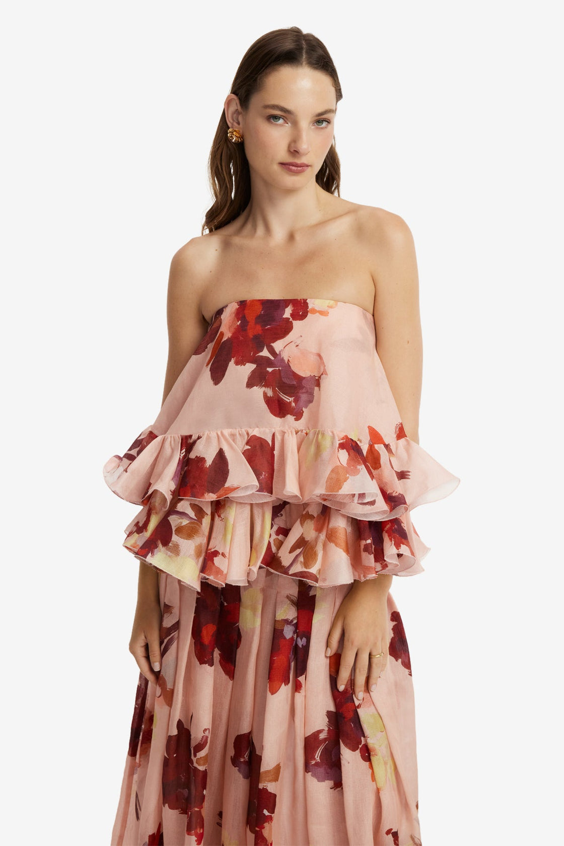 Gia Bustier Ruffled Top - Reverie Print in Nectar Tops