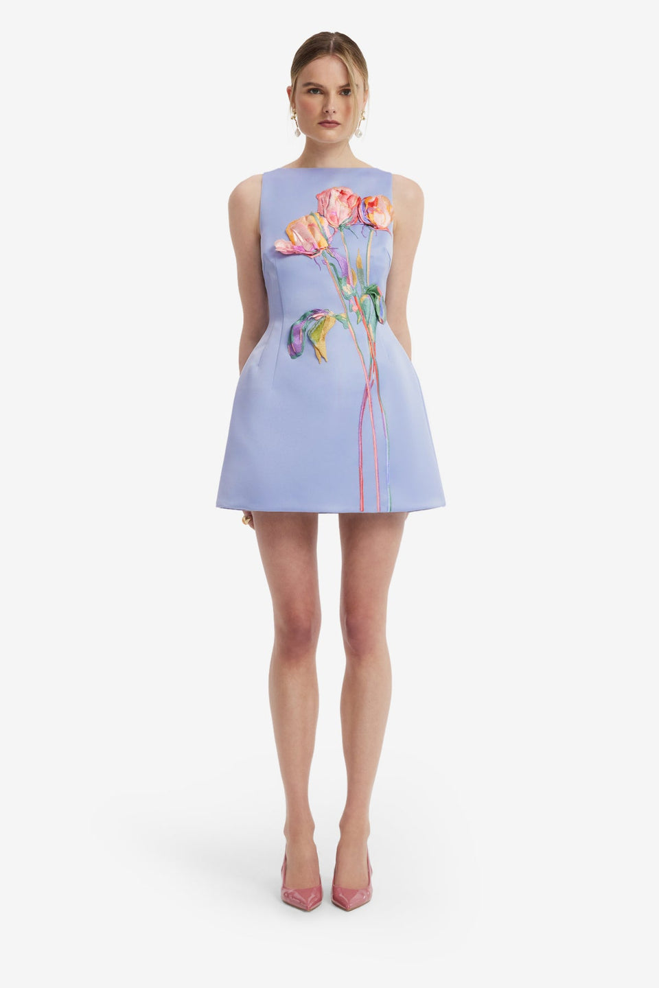 Ali Embroidered Boat Neck Mini Dress - Rose in Periwinkle Dress Mini