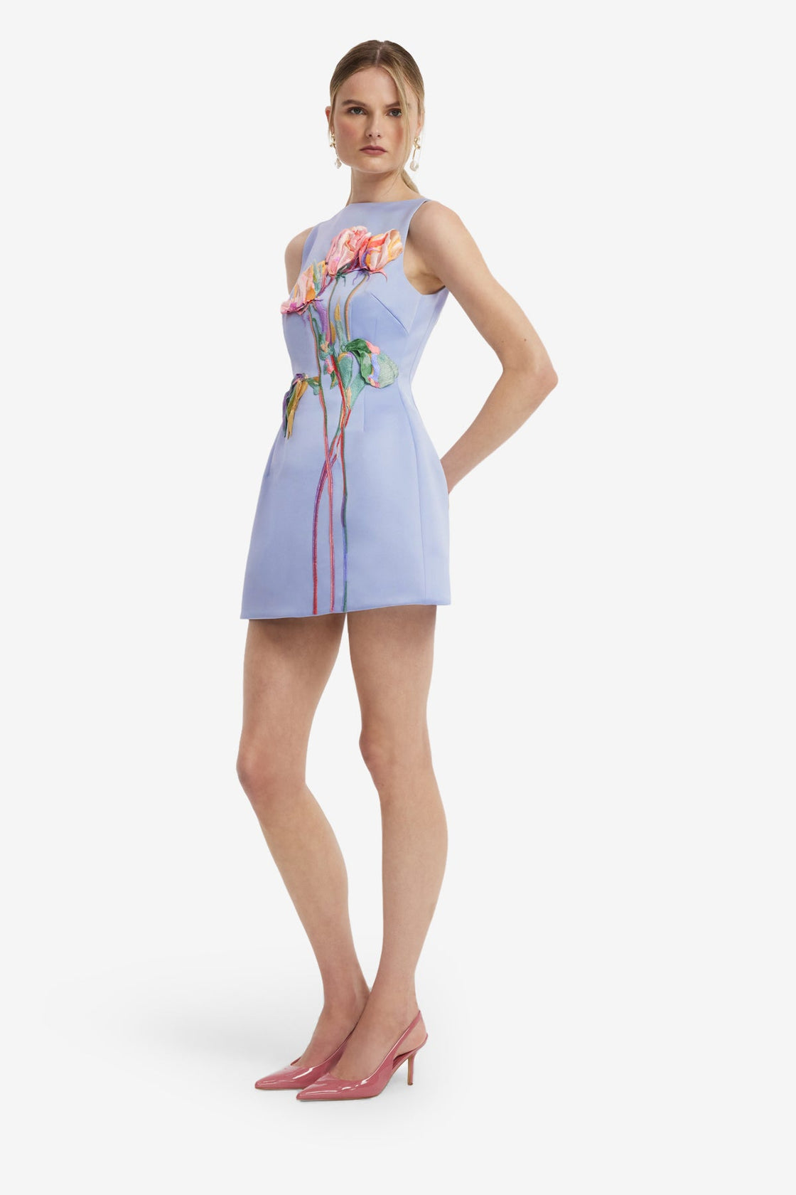Ali Embroidered Boat Neck Mini Dress - Rose in Periwinkle Dress Mini