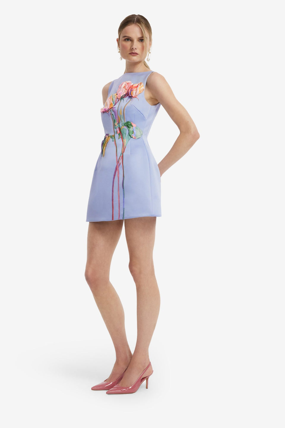 Ali Embroidered Boat Neck Mini Dress - Rose in Periwinkle Dress Mini
