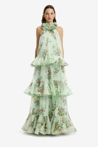 Thalia Halterneck Tiered Maxi Dress - Posy Print in Mint Dress Maxi