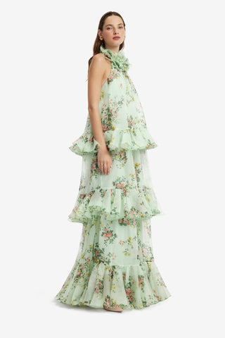 Thalia Halterneck Tiered Maxi Dress - Posy Print in Mint Dress Maxi