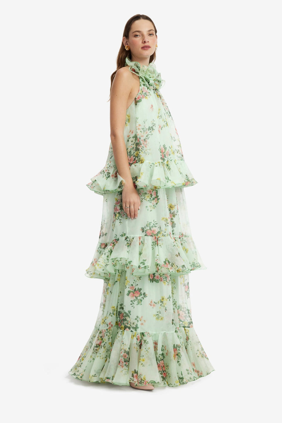 Thalia Halterneck Tiered Maxi Dress - Posy Print in Mint Dress Maxi