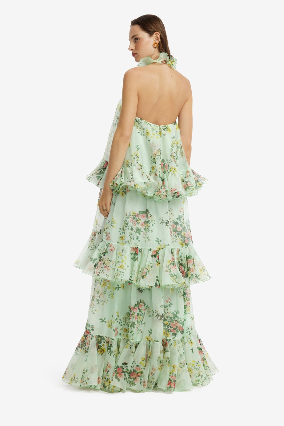 Thalia Halterneck Tiered Maxi Dress - Posy Print in Mint Dress Maxi