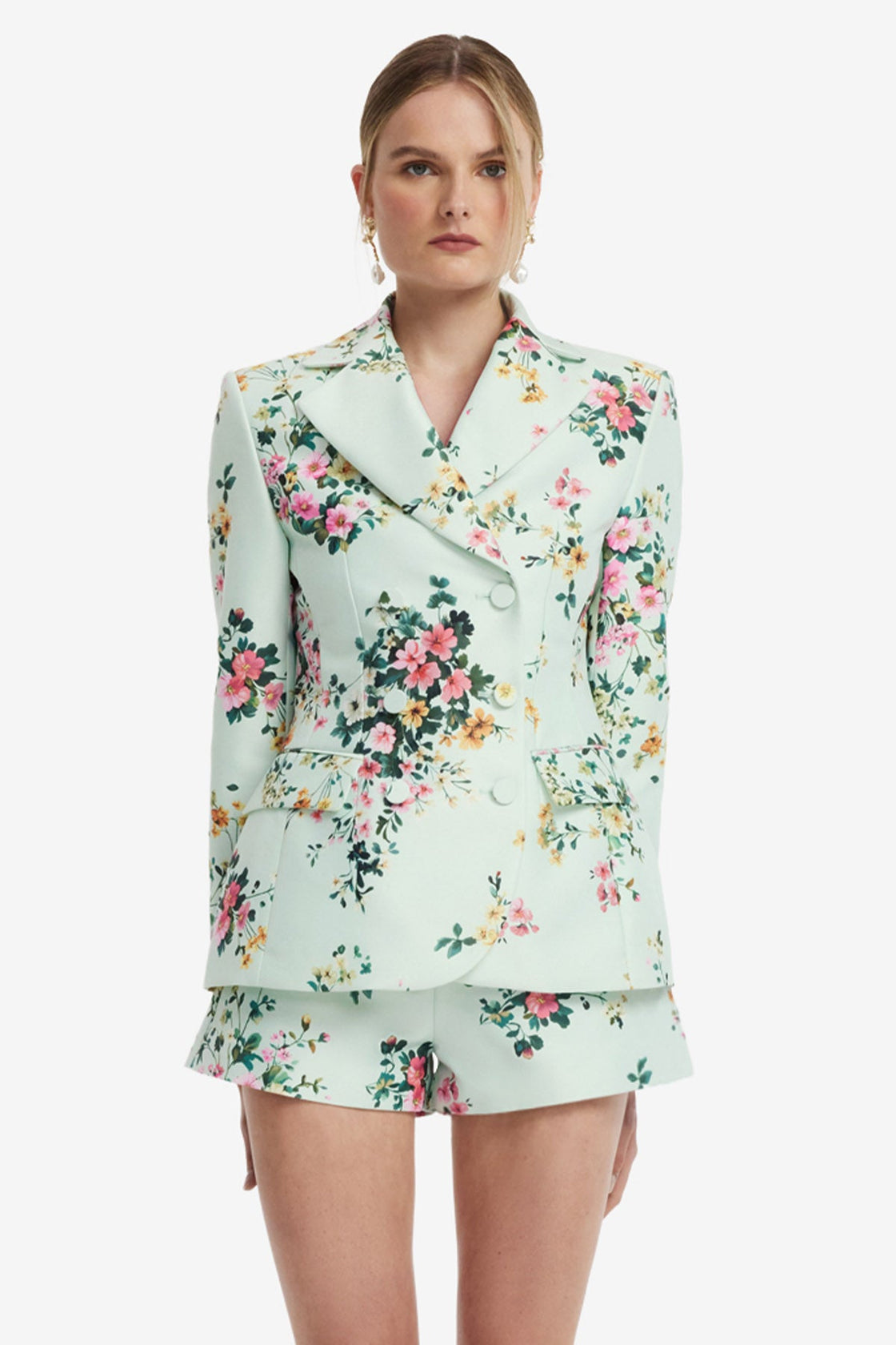 Margaux Double Breasted Fitted Blazer - Posy Print in Mint Blazer