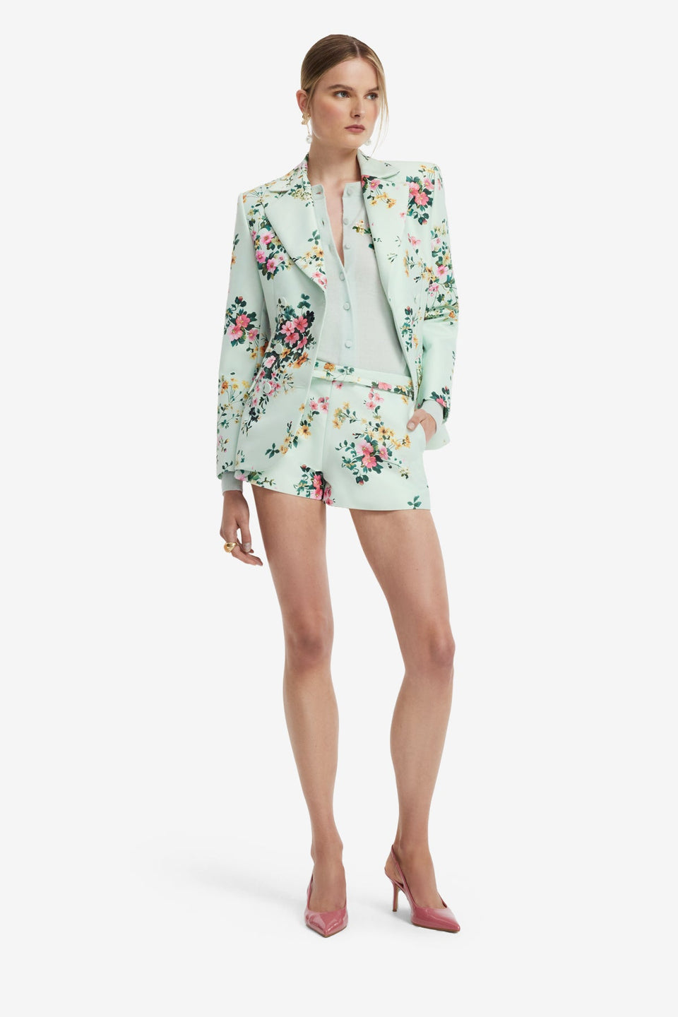 Margaux Double Breasted Fitted Blazer - Posy Print in Mint Blazer