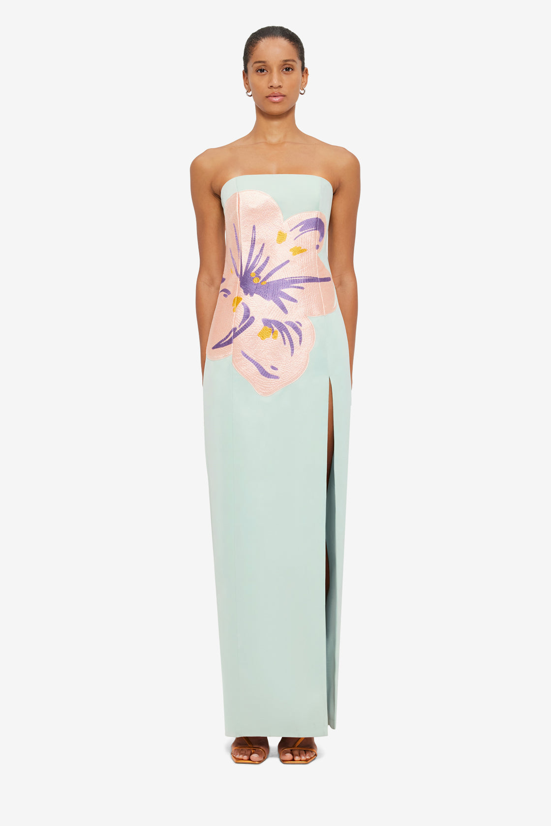Clemence Embroidered Split Maxi Dress - Hibiscus in Pistachio LEO LIN Clemence Embroidered Split Maxi Dress - Hibiscus in Pistachio LEO LIN