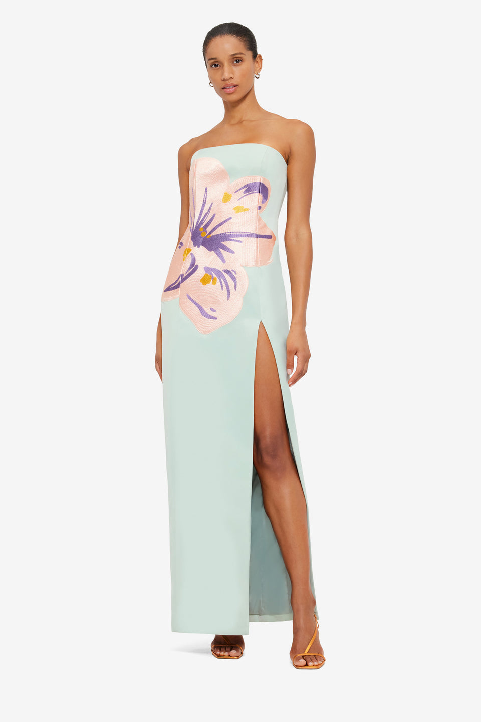 Exclusive LEO LIN Clemence Embroidered Split Maxi Dress - Hibiscus in Pistachio