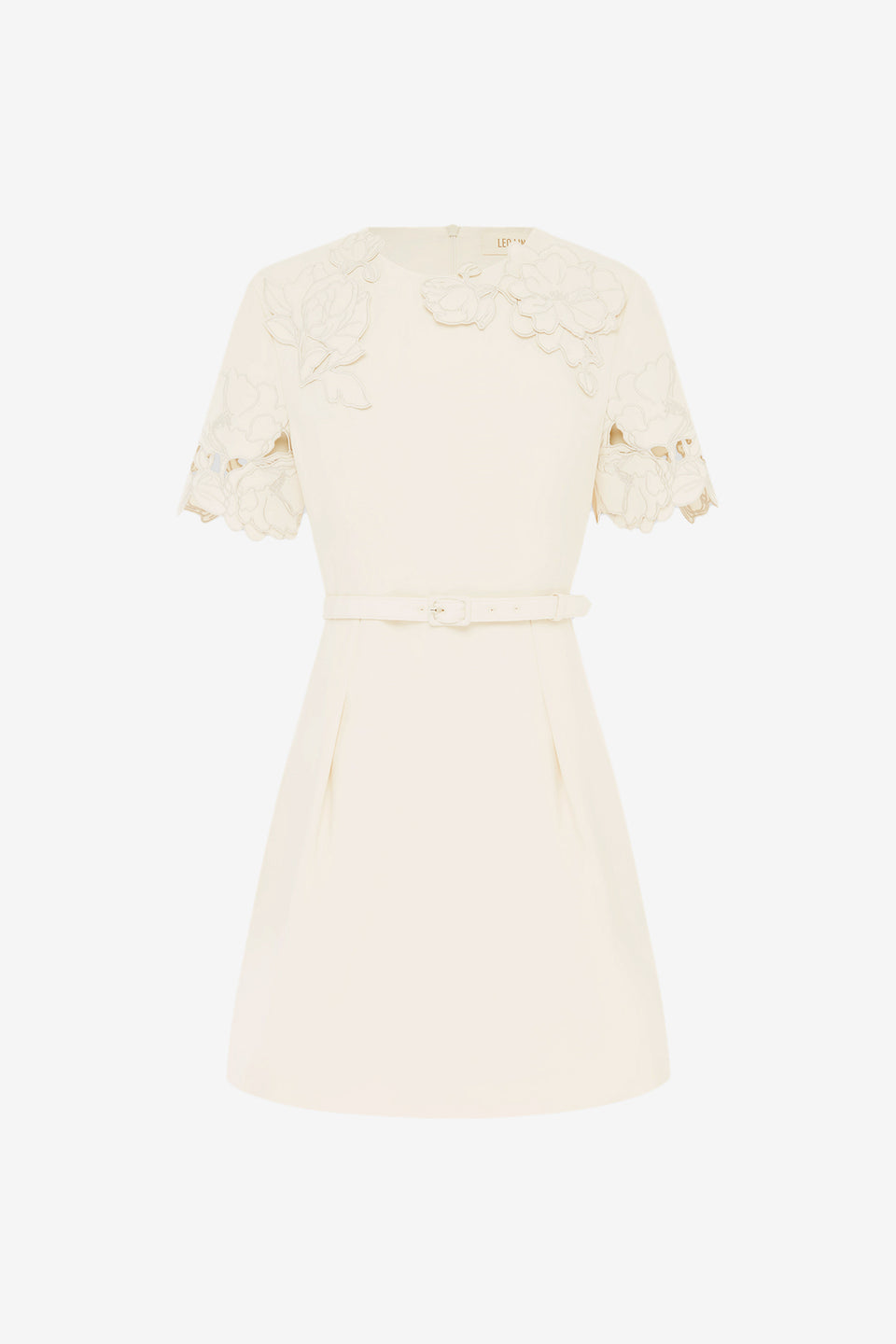 Exclusive LEO LIN Aurelie Appliqué Short Sleeve Mini Dress - Cream