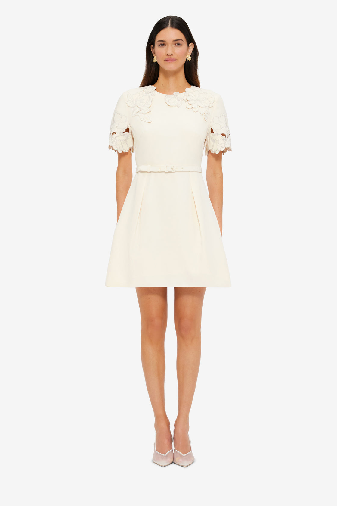 Exclusive LEO LIN Aurelie Appliqué Short Sleeve Mini Dress - Cream