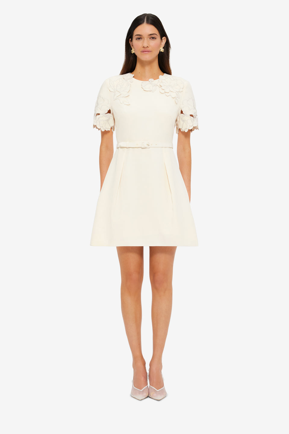 Exclusive LEO LIN Aurelie Appliqué Short Sleeve Mini Dress - Cream
