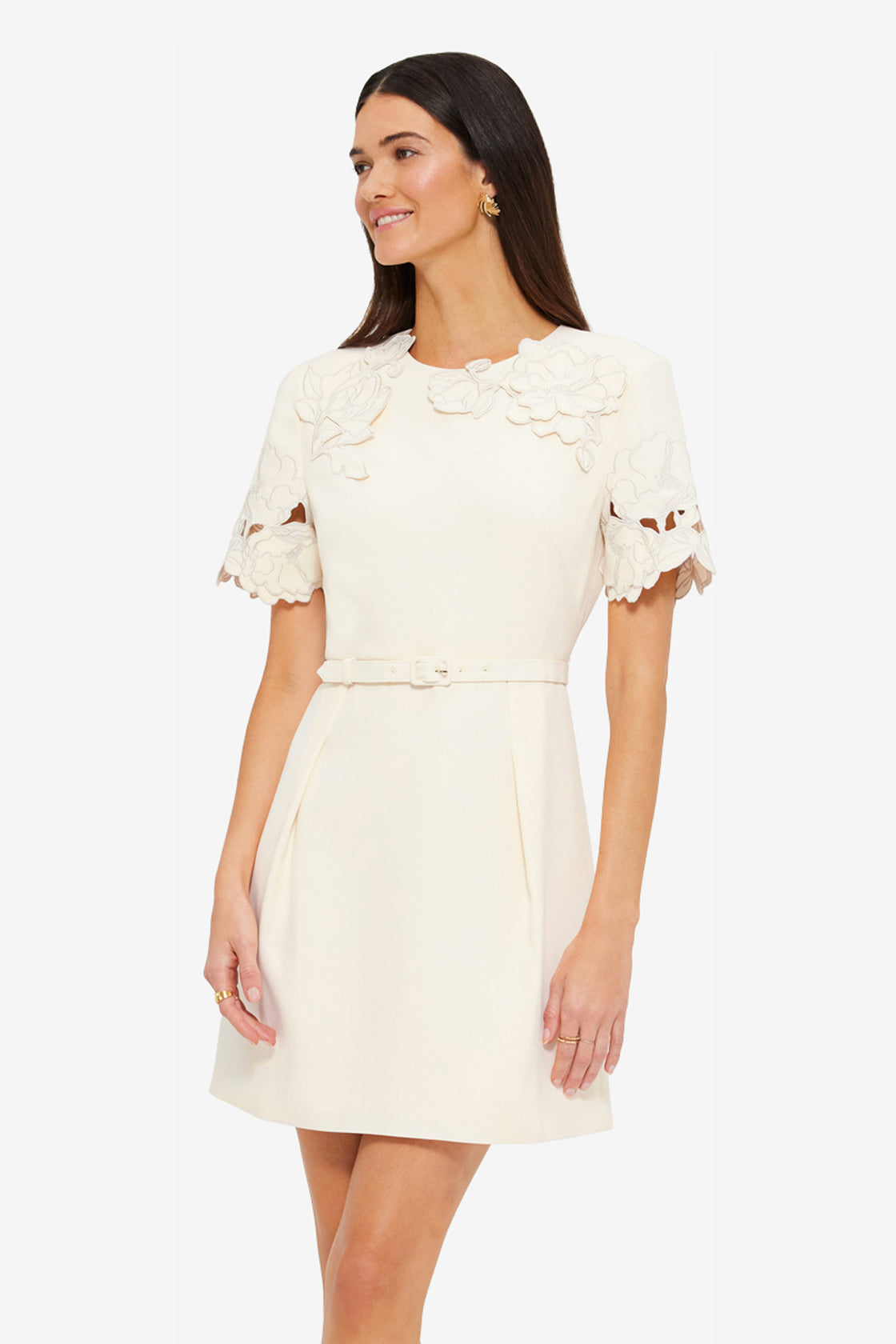 short cream dress Women's Polka Dot Woven Sleeve Bow Tie Mini stretchy lace Round neckline Puff sleeves with elastic cuffs Ruffle hem Back zipper with hook and eye closure Lined 100% Polyester Imported Model is wearing a size SmallModels Profile Lacey Cream Polka Dot Short