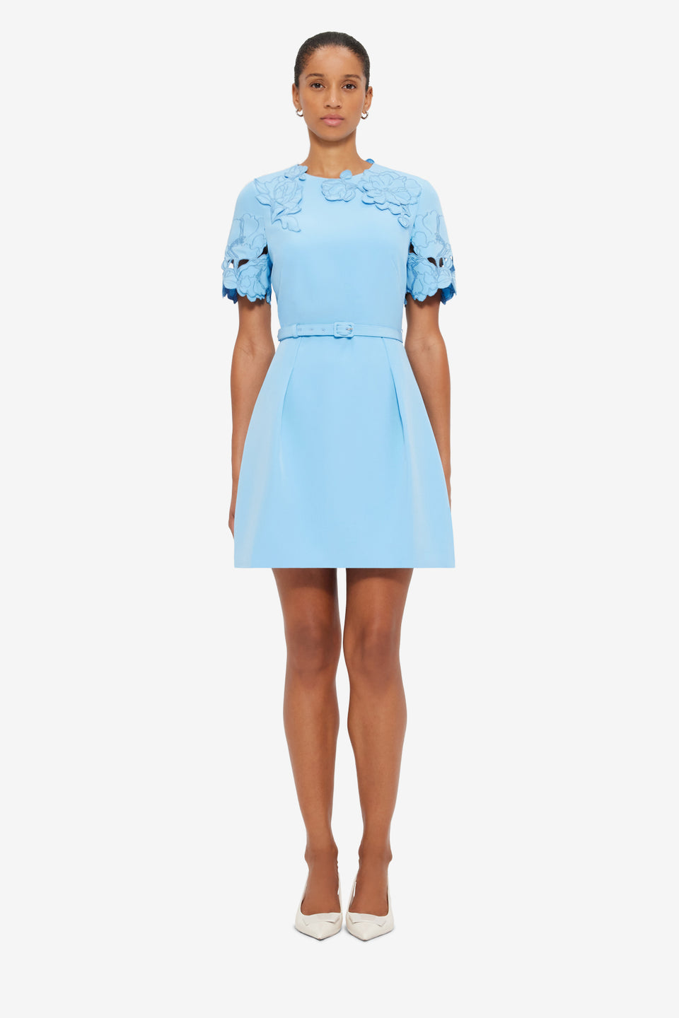 Exclusive LEO LIN Aurelie Appliqué Short Sleeve Mini Dress - Cornflower Blue