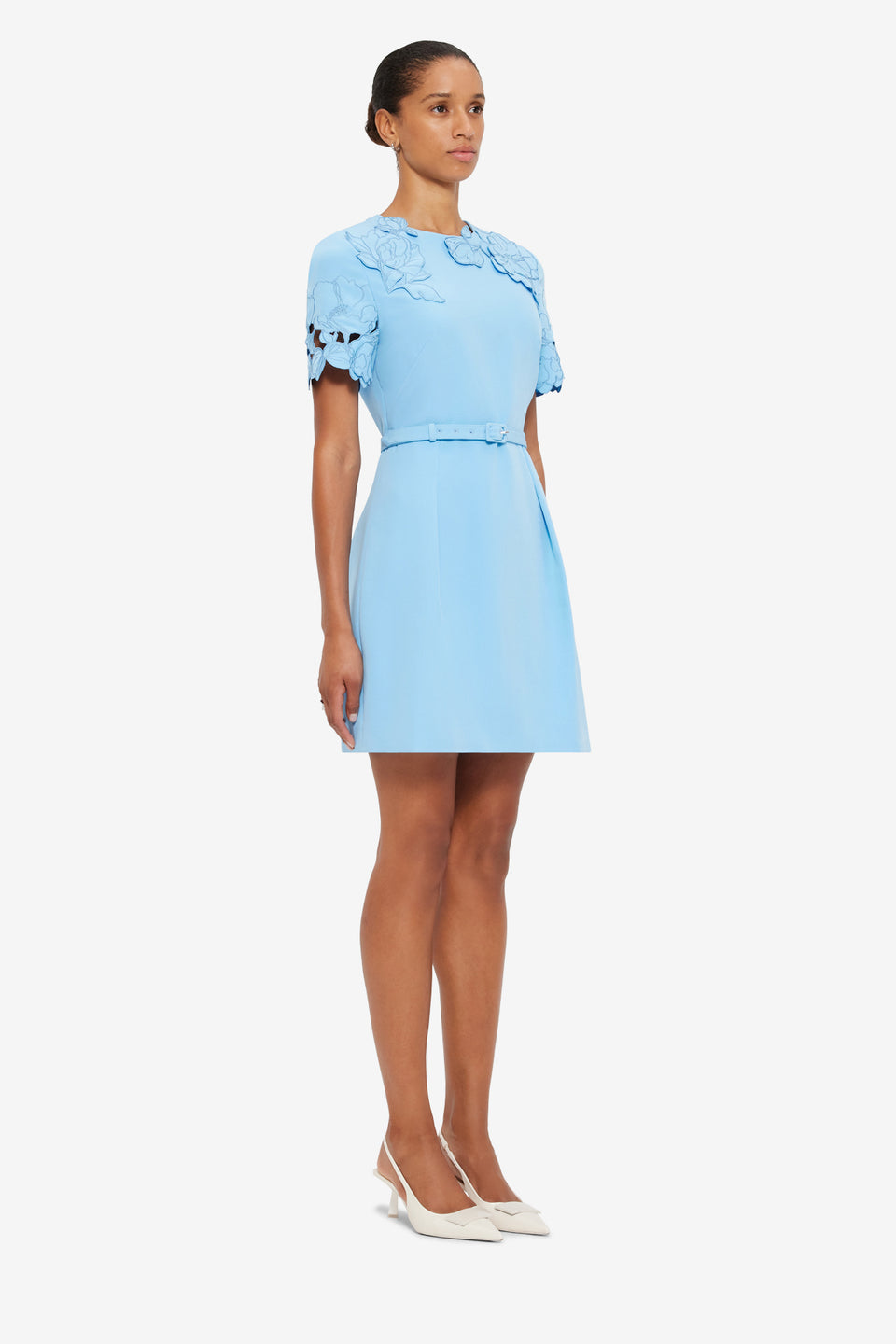 Exclusive LEO LIN Aurelie Appliqué Short Sleeve Mini Dress - Cornflower Blue