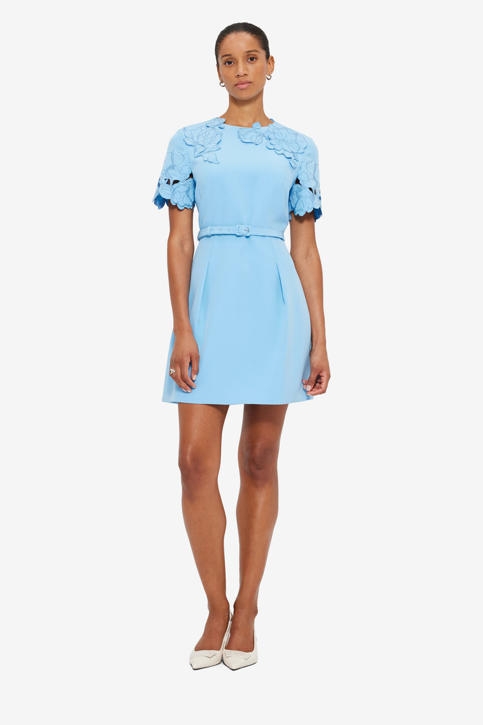 Exclusive LEO LIN Aurelie Appliqué Short Sleeve Mini Dress - Cornflower Blue
