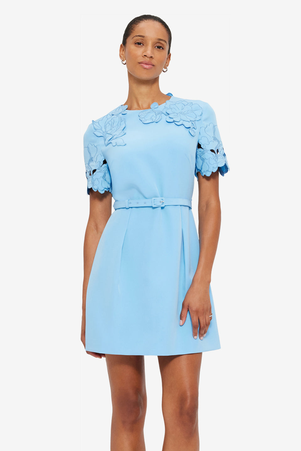 Exclusive LEO LIN Aurelie Appliqué Short Sleeve Mini Dress - Cornflower Blue