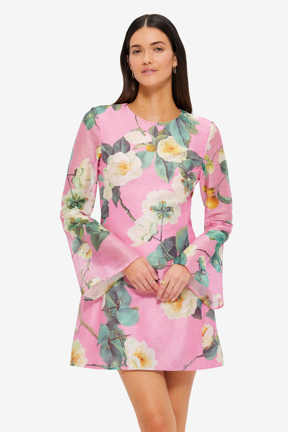 Exclusive LEO LIN Suzanne Bell Sleeve Mini Dress - Camelia Print