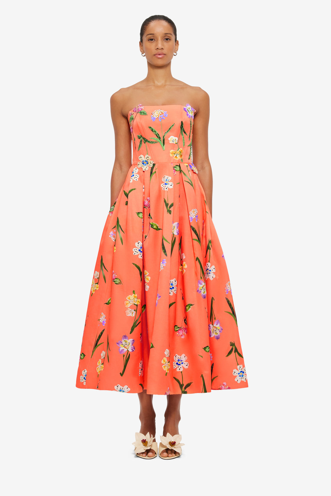 Exclusive LEO LIN Lynn Bustier Midi Dress - Wild Flower in Coral