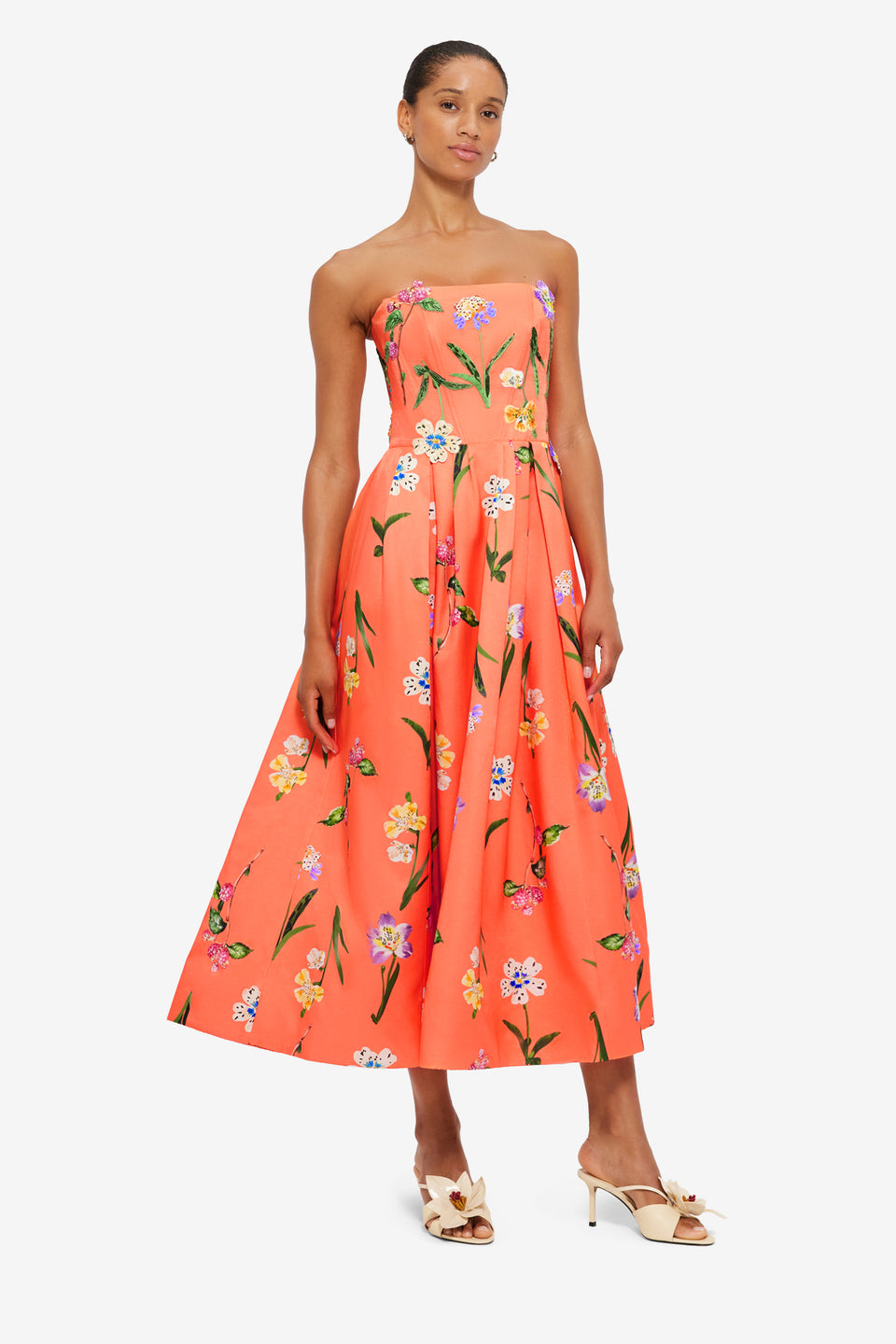 Exclusive LEO LIN Lynn Bustier Midi Dress - Wild Flower in Coral