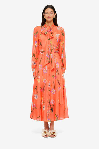 Exclusive LEO LIN Liliane Tie Neck Midi Dress - Wild Flower in Coral