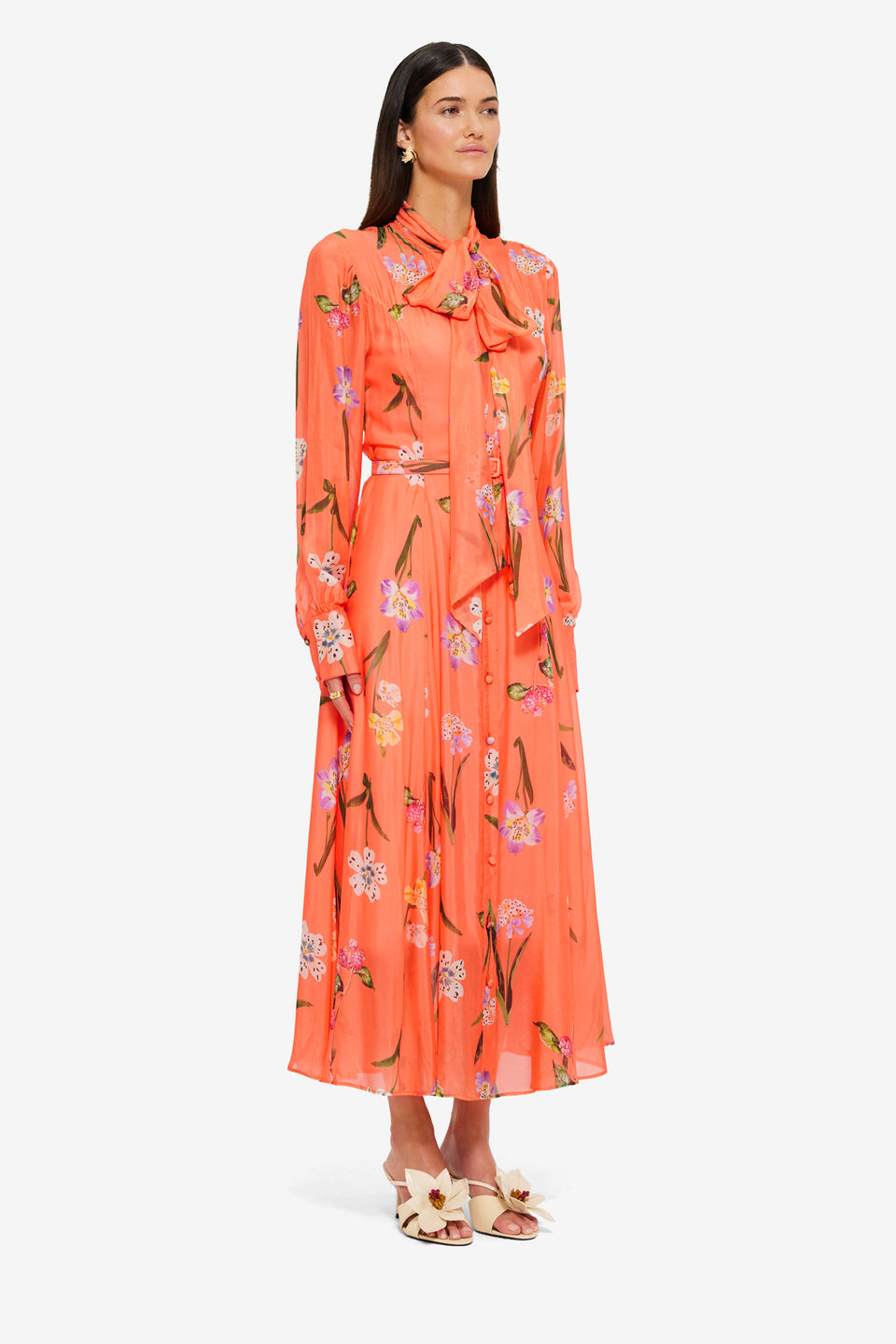 Exclusive LEO LIN Liliane Tie Neck Midi Dress - Wild Flower in Coral