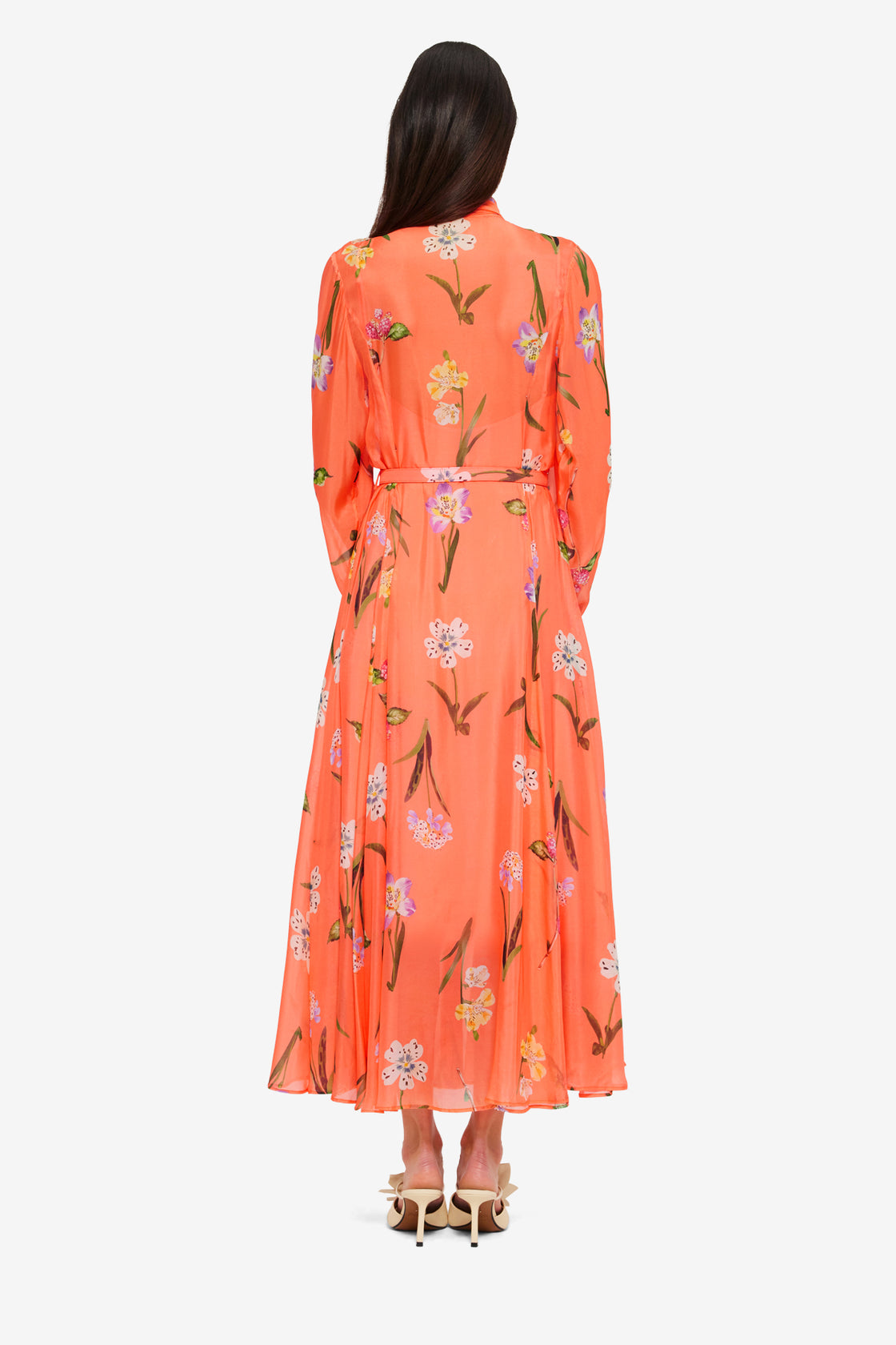 Exclusive LEO LIN Liliane Tie Neck Midi Dress - Wild Flower in Coral