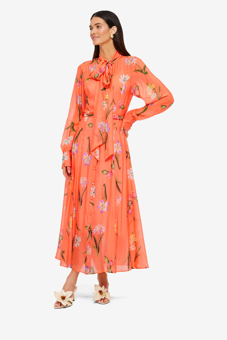 Exclusive LEO LIN Liliane Tie Neck Midi Dress - Wild Flower in Coral