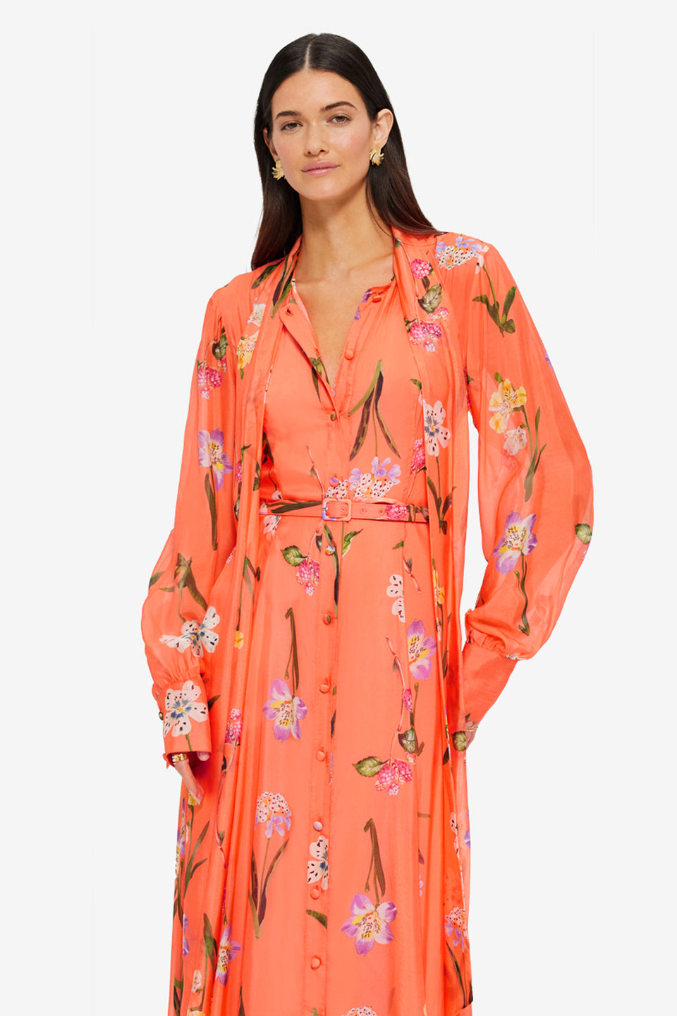 Exclusive LEO LIN Liliane Tie Neck Midi Dress - Wild Flower in Coral