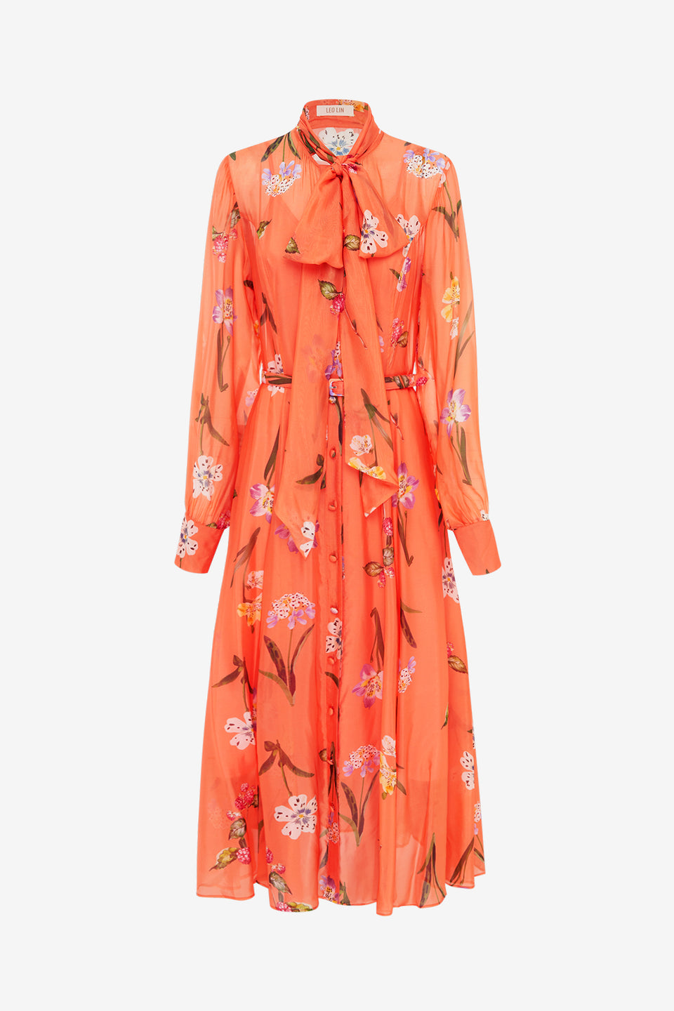 Exclusive LEO LIN Liliane Tie Neck Midi Dress - Wild Flower in Coral