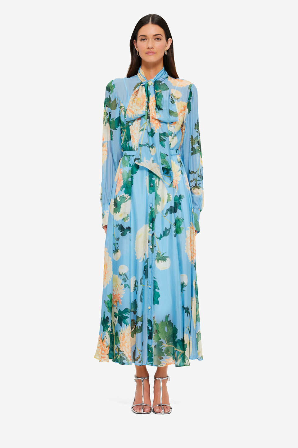 Exclusive LEO LIN Liliane Tie Neck Midi Dress - Hydrangea Print in Cornflower Blue