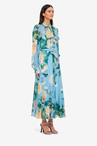 Exclusive LEO LIN Liliane Tie Neck Midi Dress - Hydrangea Print in Cornflower Blue